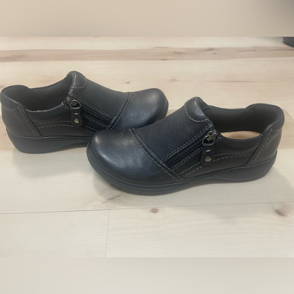 Clarks Black Leather Flats with Side Zipper